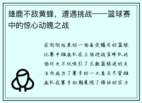 雄鹿不敌黄蜂，遭遇挑战——篮球赛中的惊心动魄之战